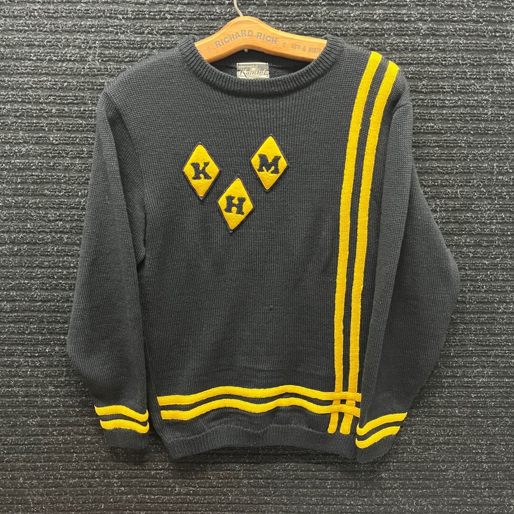 50s 60s Kandel Knitting Mills Wool Letterman Sweater Black Yellow Varsity Sz 38